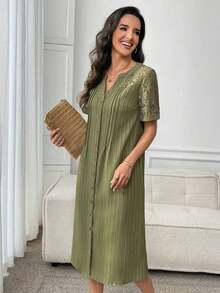 Vestido casual diario de encaje y parches para mujer, primavera y verano - verde aguacate - Ver 6