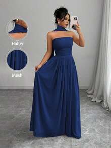 1 pieza Vestido largo de mujer de unicolor con detalle de pliegues, vestido largo elegante sin mangas para mujer - Azul marino - Ver 4