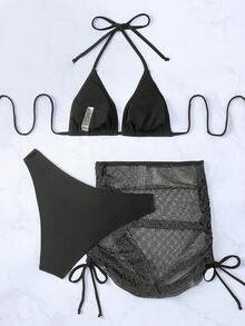 Conjunto de bikini de verano para mujer, de moda en la playa, sujetador halter sólido y Bottom de baño - Negro - Ver 2