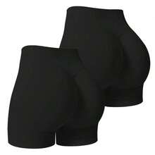 2 piezas Pantalones cortos de mujer de cintura alta, unicolor, elásticos y sin costuras, para yoga, fitness, deportes al aire libre y verano - Negro - Ver 9