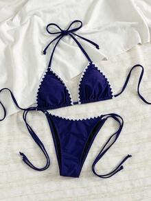 Bikini de 2 piezas de unicolor con escote halter y lazos, sexy y elegante para playa, vacaciones, viajes y fiestas. Nuevo para primavera/verano - capullo blanco azul oscuro - Ver 4