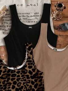 Set de 3 camisetas de tirantes de cuello redondo casuales para mujer, versátiles para el verano - Multicolor 7 - Ver 3