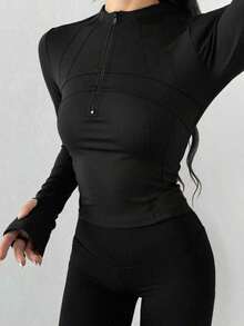 Chaqueta de manga larga de cuello alto elástico de unicolor entallada, ropa deportiva y casual, primavera/otoño - Negro 3 - Ver 7