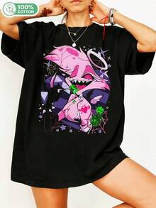 Angel Dustt Hazbinn Hotell Pink Devil Chibi Character Retro Cartoon Graphic T-Shirt, Vivziepop Kawaii Streetwear Casual Cotton T-Shirt For Fans. - 黑色 - 查看 1