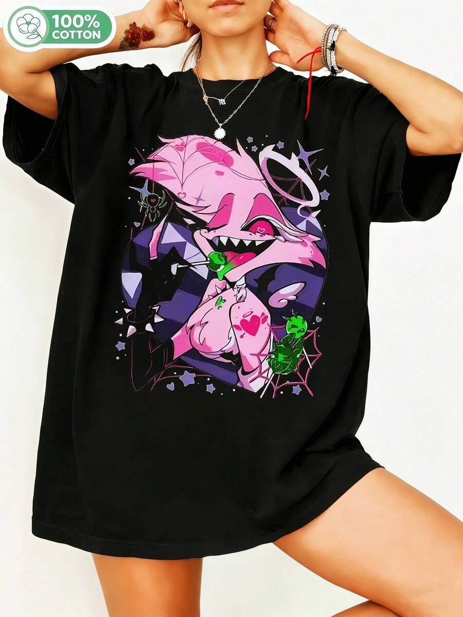Angel Dustt Hazbinn Hotell Pink Devil Chibi Character Retro Cartoon Graphic T-Shirt, Vivziepop Kawaii Streetwear Casual Cotton T-Shirt For Fans. - 黑色 - 查看 1
