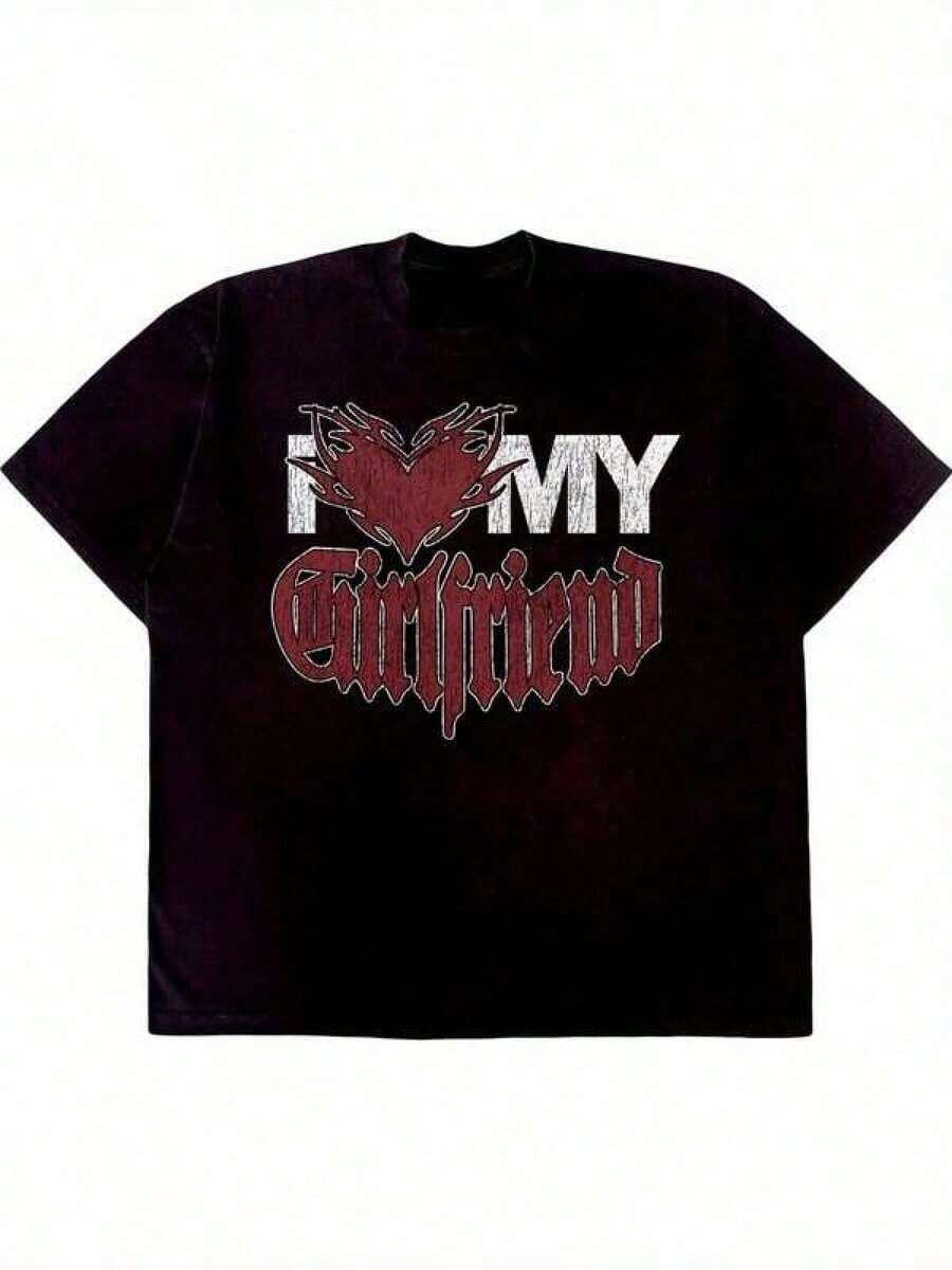 Printed T-Shirt, Graphic Design Cotton T-Shirts, Plus Size, Cartoon Crew Neck, Short Sleeve, I Love My Girlfriend's Black And Red Short Sleeve T-Shirt, Y2K Style, Men's Oversized T-Shirt, With Shirt, Summer Tops, Suitable T-Shirt. - 白色 - 查看 1