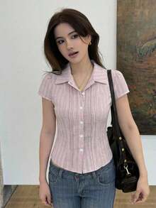 Blusa blanca de manga corta ajustada con cuello para mujer, de unicolor, para el verano - Rosa 2 - Ver 7