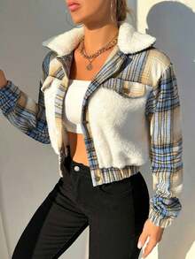 Chaqueta Teddy con Cuello Borg y Estampado a Cuadros para Mujer, Ropa de Otoño Invierno - Blanco - Ver 6
