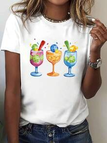 Camiseta con Ilustración de Cócteles Temáticos de Pickleball, Manga Corta y Cuello Redondo, Top Casual para Verano y Primavera, Ropa de Mujer - [Blanco] - Ver 6