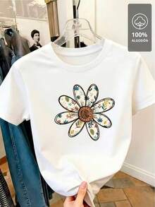 Talla grande - talla extra grande - camiseta de mujer, hecha de algodón puro, tela ligera y transpirable, diseño de cuello redondo, diseño estampado, corte de manga corta, adecuada para primavera y verano. - Blanco - Ver 4