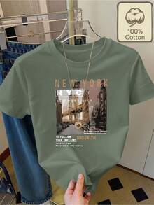 Nueva Camiseta de Moda para Mujer con Cuello Redondo, Estampado de Paisaje Urbano de Nueva York y Texto Motivacional, Manga Corta, Ropa de Verano Casual, Cómoda y Transpirable para Mujer. Diseño versátil listo para el verano. - Verde - Ver 1