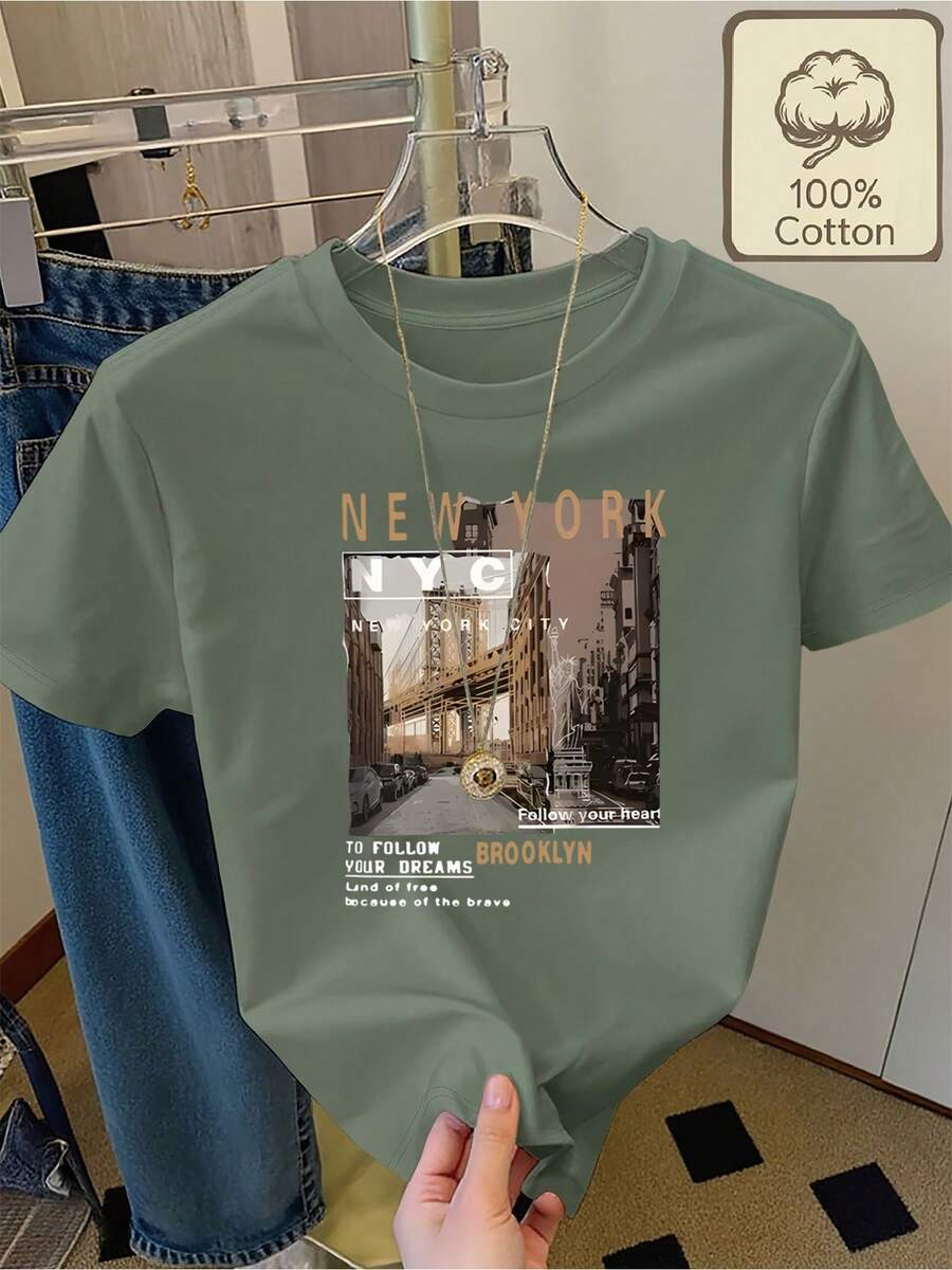 Nueva Camiseta de Moda para Mujer con Cuello Redondo, Estampado de Paisaje Urbano de Nueva York y Texto Motivacional, Manga Corta, Ropa de Verano Casual, Cómoda y Transpirable para Mujer. Diseño versátil listo para el verano. - Verde - Ver 1