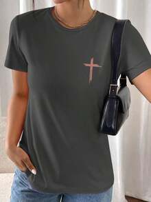 Vintage Christian Short Sleeve T-Shirt With Bible Verses, Casual T-Shirt, Retro T-Shirt With Cross Print, "Pray Mom" Crew Neck T-Shirt, Graphic T-Shirts For Women - 黑色 - 查看 5