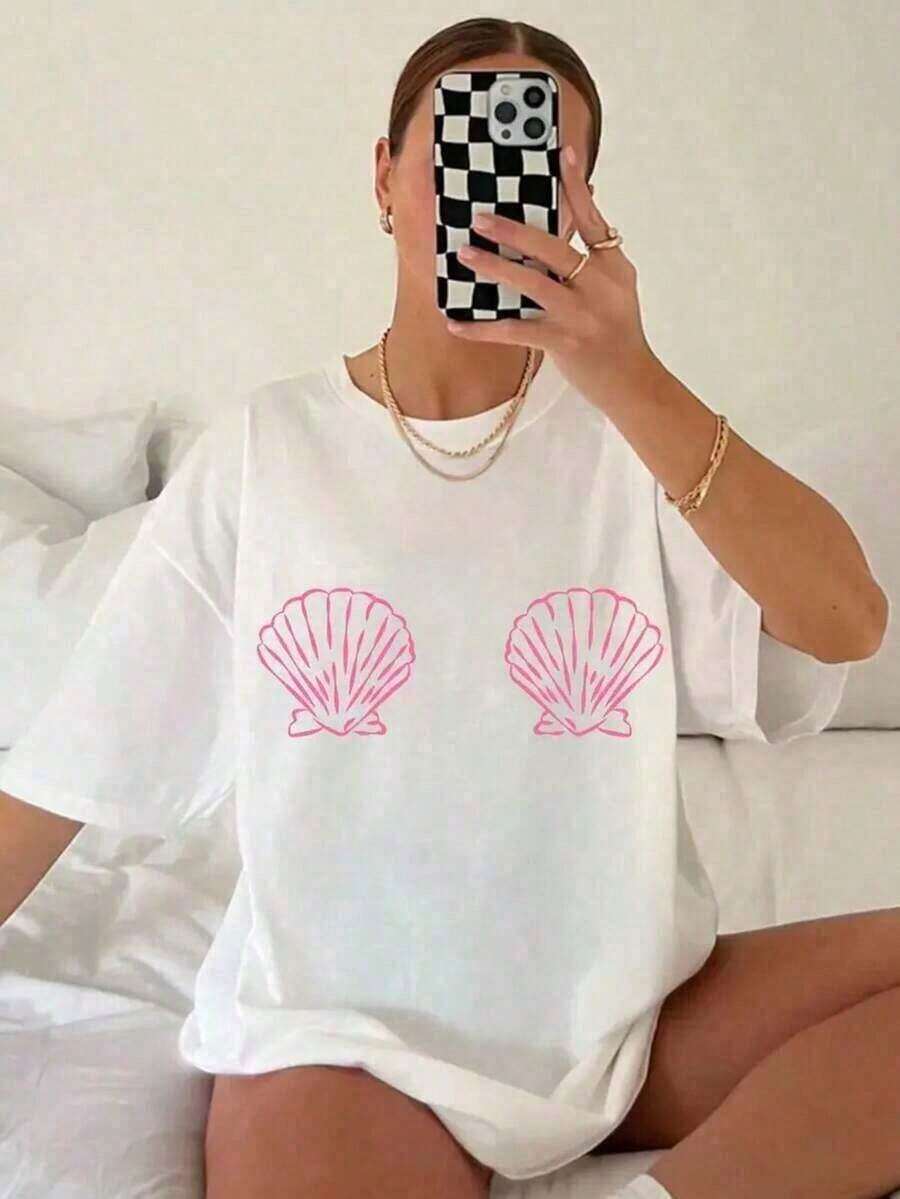 1 Piece Women's Shell Print Short Sleeve T-Shirt - Loose Fit, Off Shoulder Top With Soft Pink Shell Print - Breathable Casual Beachwear - Machine Washable Casual T-Shirt, Summer Clothes, Fashionable Fun Print T-Shirt, Adult Size 180g 100% Cotton. - 白色 - 查看 1