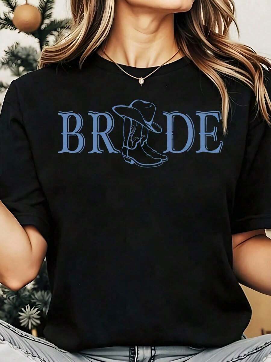 1 Piece Of Women's Graphic T-Shirt "Western Bride" With Cowboy Hat And Boots Design For Country Wedding Outfit, Casual Wear, 180g, 100% Cotton. - 黑色 - 查看 1