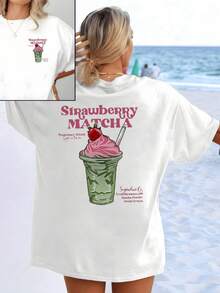 A Summery Drink With Strawberry And Matcha That Represents Freshness, Energy, And Joy By Combining Green And Pink Tones, Evoking The Taste Of A Sweet Moment By The Sea. Women's Double-Print Casual T-Shirt, Comfortable For Sunny Days. - 白色 - 查看 1