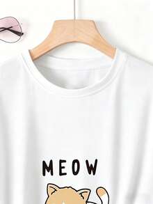 Women's T-Shirt With Cute Kawaii Cat Print And Meow Lettering, Short Sleeve, Round Neck, Casual Korean Style Fashionable Youth Top - 白色 - 查看 3