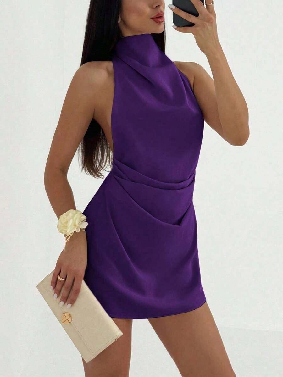 Vestido mini plisado con espalda descubierta y atar para mujer, de estilo minimalista - Morado - Ver 1