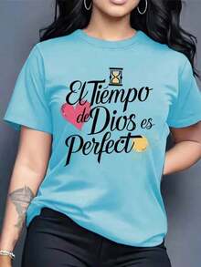 Playera camiseta gráfica dama mujer manga corta cuello redondo básica cómoda fresca ligera moderna juvenil casual estampado frase religiosa tiempo de dios es perfecto letras cristiana corazón - Azul - Ver 1
