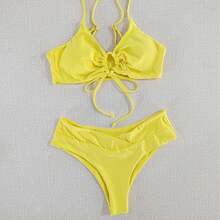 Traje de baño de dos piezas con lazo en el cuello y diseño de color sólido multicolor, bikini femenino. - Negro - Ver 5