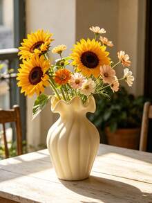 1Pc Wave Rim Vertical Ribbed Resin Vase - Light Luxury Ruffled Edge Flower Vase For Home & Desk Decor | Home Decor, Room Decor, Boho Decor, Desk Decor, Vintage Decor, Unique Gift, Table Centerpiece, Housewarming Gift - New Model - View 10