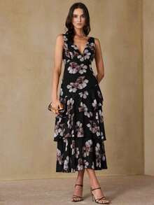 Aveloria Revavyn Vestido maxi elegante y grácil de mujer con escote en V profundo y sin mangas, de gasa ligera con estampado floral romántico, con cintura ceñida y dobladillo con volantes en capas, adecuado para citas, vacaciones, lujo y delicadeza - Negro - Ver 12