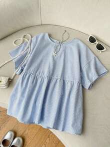 Camisa de mujer tejida de 100% algodón y lino, top de verano, adecuado para el uso diario, citas, reuniones, otoño/invierno/verano, Navidad, Año Nuevo, Acción de Gracias, fiestas, bodas, playa, ceremonias de graduación, moda, elegante, casual - Azul y blanco - Ver 3