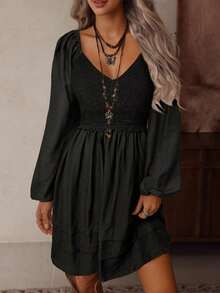 Vestido bohemio de estilo mini con cuello en V, hueco, de ganchillo, parches, manga larga, cintura elástica y bajo suelto, en color albaricoque, para mujer, para otoño/invierno - Negro - Ver 6