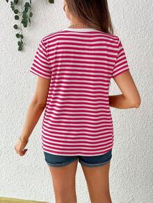 Camiseta De Maternidad De Cuello Redondo A Rayas De Manga Corta Para Verano - Rosa Fucsia - Ver 2