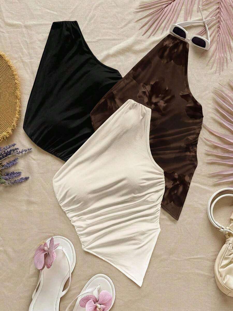 3 piezas Conjunto informal de verano de 2 piezas para mujer con parte superior de hombro asimétrico y bajo asimétrico, adecuado para volver al colegio, té de la tarde, casual, invitada a boda en la playa, brunch de graduación, Día de San Patricio, - Multicolor 6 - Ver 1