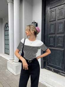 de mujer de manga corta con escote trasero a rayas francesas, ideal para primavera/verano - Negro - Ver 6
