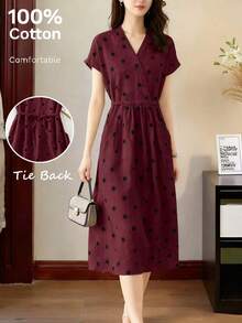 Vestido casual elegante y vintage con estampado de lunares, con bolsillos y lazo en la espalda, silueta minimalista pero refinada de corte evasé con cintura anudada, vestido versátil para oficina/ocasión, conjunto bohemio de lunares para vacaciones, primavera/verano rojo - Burdeos - Ver 4