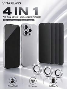 VINA GLASS-4 In 1 Ultra HD Blank Anti-Peep Mobile Phone Screen Protector With 1 Set Rhinestone Eagle Eye Camera Lens Protector,Compatible With IPhone Screen Protector, Phone Accessories, Waterproof Phone Case, Compatible With IPhone Accessories - Black Privacy Screen - View 10