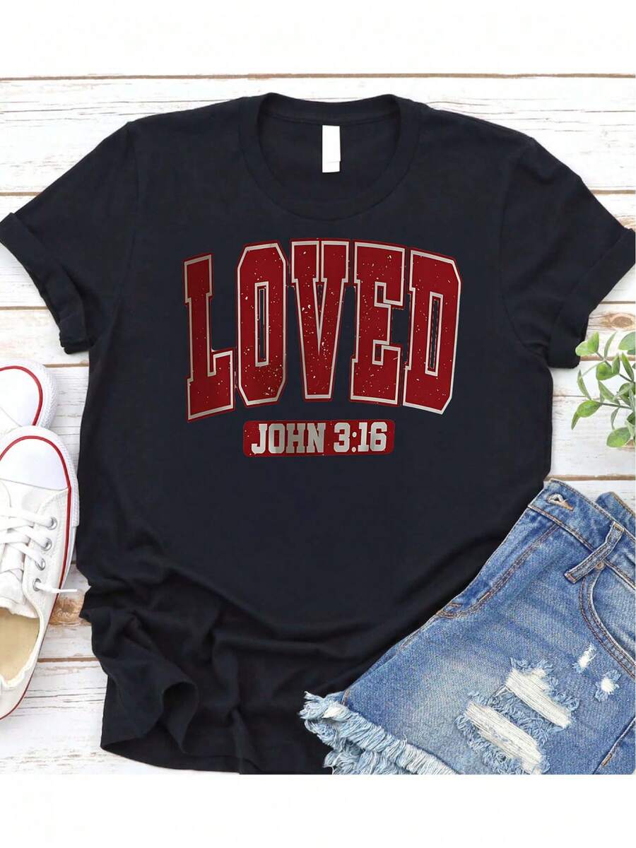 1 camiseta negra de algodón puro para mujer: con la cita inspiradora "Amado" de Juan 3:16, 180g 100% algodón. - negro - Ver 1