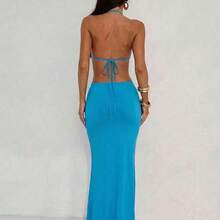 Women's Sexy Beach Vacation Deep V Metal Shell Buckle Decor Backless Fitted Long Dress, Blue - Beis - Ver 3