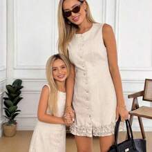 Button Front Cinched Waist A-Line Sleeveless Casual Vacation Elegant Mini Dress, Linen Material Summer Dresses For Women,Business Casual Woman Old Money Style - Albaricoque - Ver 1