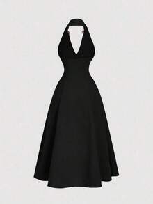 Vestido midi elegante sin mangas con decoración floral 3D de metal y plisados para mujer - Negro - Ver 2