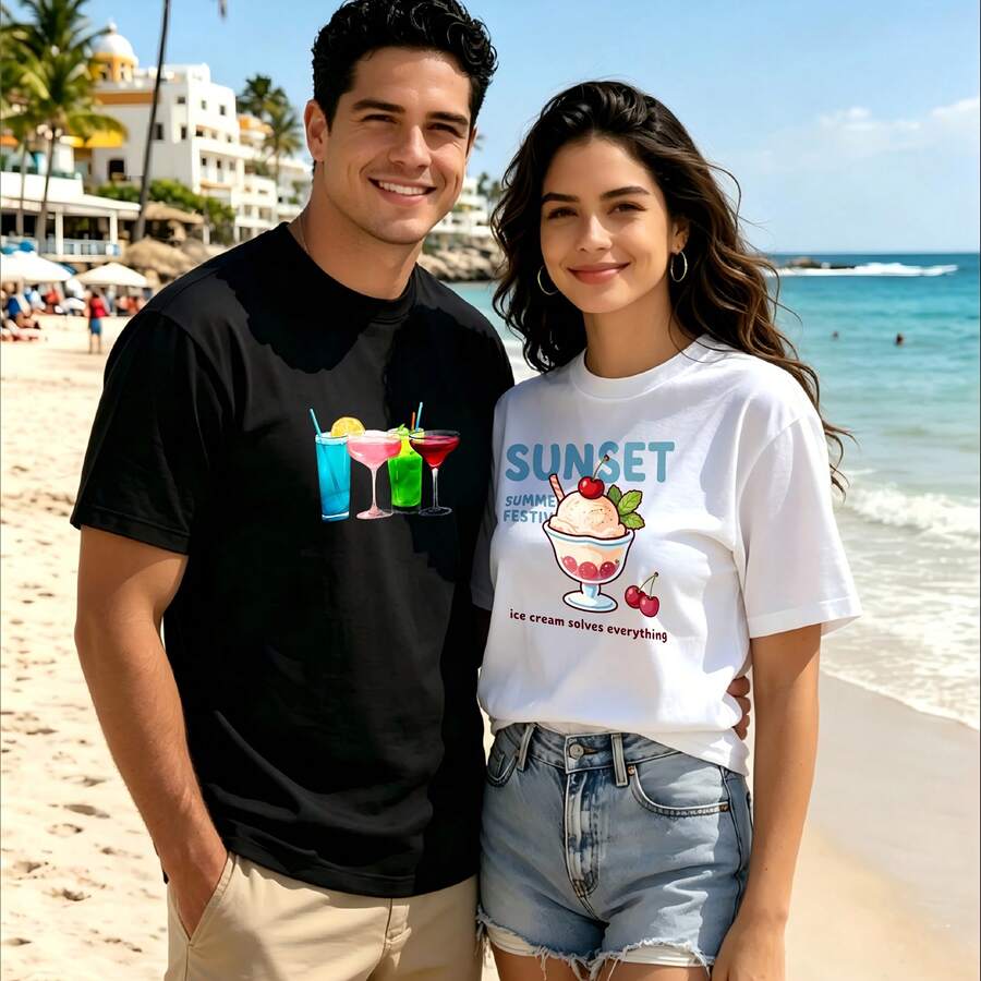 2-Piece Couple Matching Pattern T-Shirt, 100% Cotton, Loose Fit, Soft And Breathable, Casual Round Neck Short Sleeved Top Dog Playing Guitar Dog Flying Plane Versatile Patterns No Picky Combinations Coordinated Dating Casual Travel Simple And Cartoonish Printing Styles High Cost-Effectiveness Couple - 黑色 - 查看 1
