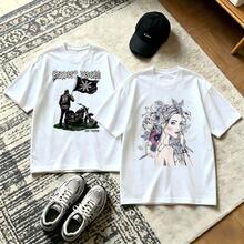 2-Piece Couple Matching Pattern T-Shirt, 100% Cotton, Loose Fit, Soft And Breathable, Casual Round Neck Short Sleeved Top Day Of The Dead Skeletons Dancing Versatile Patterns No Picky Combinations Coordinated Dating Casual Travel Simple And Cartoonish Printing Styles High Cost-Effectiveness Couple - 白色 - 查看 1
