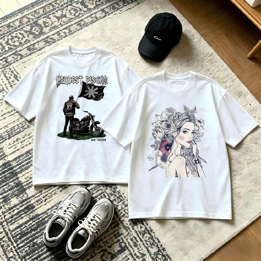 2-Piece Couple Matching Pattern T-Shirt, 100% Cotton, Loose Fit, Soft And Breathable, Casual Round Neck Short Sleeved Top Day Of The Dead Skeletons Dancing Versatile Patterns No Picky Combinations Coordinated Dating Casual Travel Simple And Cartoonish Printing Styles High Cost-Effectiveness Couple - 白色 - 查看 1