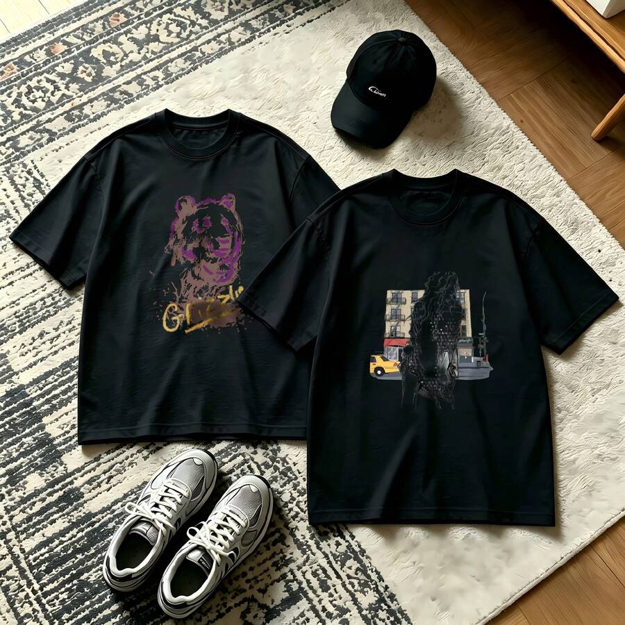 2-Piece Couple Matching Pattern T-Shirt, 100% Cotton, Loose Fit, Soft And Breathable, Casual Round Neck Short Sleeved Top Lips And Ram Aries Heart Love Sparkle Versatile Patterns No Picky Combinations Coordinated Dating Casual Travel Simple And Cartoonish Printing Styles High Cost-Effectiveness - 黑色 - 查看 1