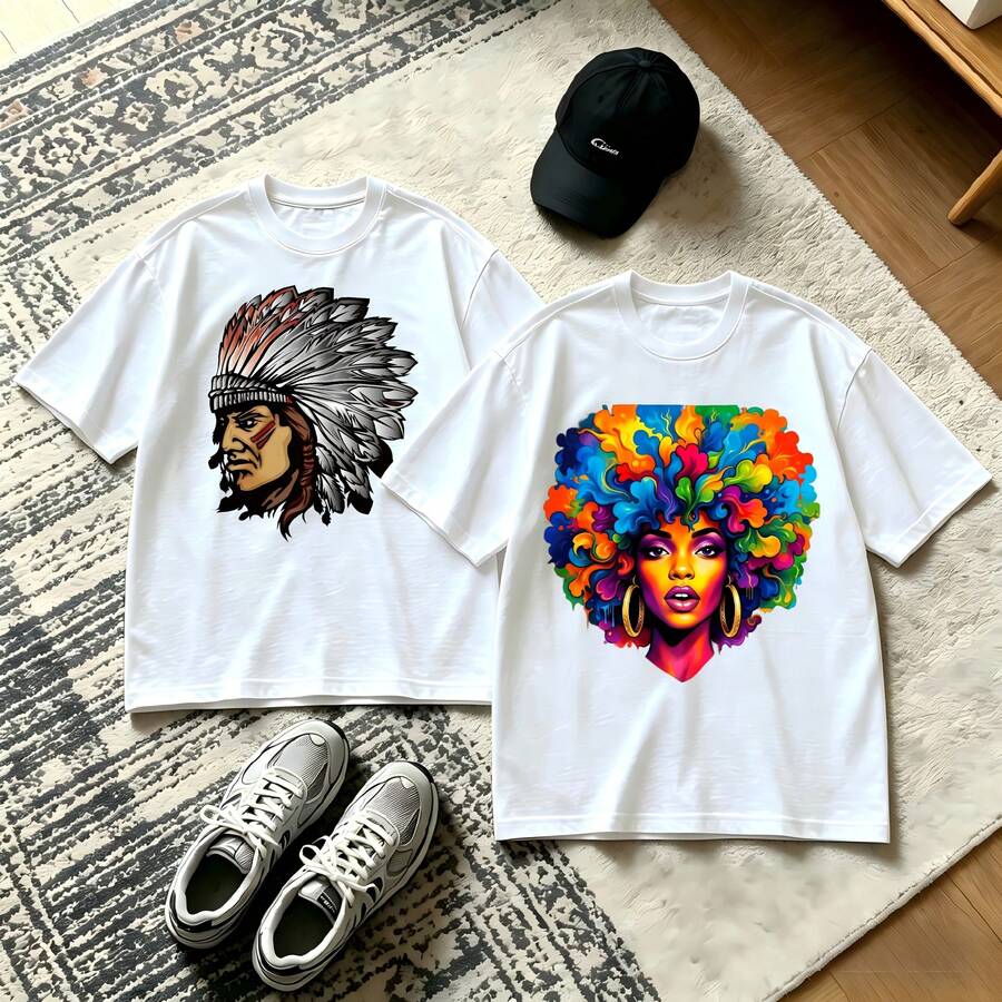 2-Piece Couple Matching Pattern T-Shirt, 100% Cotton, Loose Fit, Soft And Breathable, Casual Round Neck Short Sleeved Top Man Drinking Coffee Woman Holding Milkshake Versatile Patterns No Picky Combinations Coordinated Dating Casual Travel Simple And Cartoonish Printing Styles High - 白色 - 查看 1