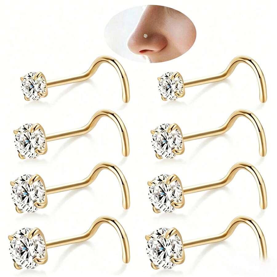 8pcs 316L Stainless Steel Hypoallergenic Nose Studs, Cork Screw Nose Rings For Women, Cubic Zirconia Faux Diamond Top, Size 1.5mm 2mm 2.5mm 3mm - Gold - View 1