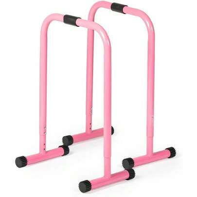 Pink Dip Stand Station, Adjustable Height Upper Body Stabilizer Parallettes, Rated 300 LB For Tricep Dips, Pull-Ups, Push-Ups, L-Sits