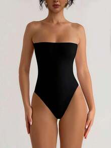 Body de verano para mujer de tela elástica de doble capa en blanco y negro, de estilo minimalista para uso diario y vacaciones, elegante - Negro - Ver 1