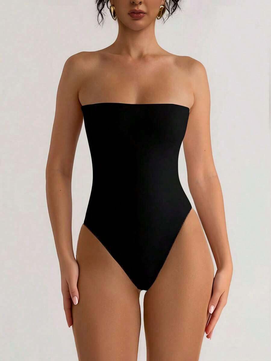 Body de verano para mujer de tela elástica de doble capa en blanco y negro, de estilo minimalista para uso diario y vacaciones, elegante - Negro - Ver 1