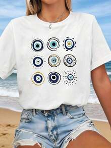Casual T-Shirts For Women: Unique Summer Outfits. Plus Size Crew Neck Casual T-Shirt With A Blue Eye And Turkish Evil Eye Print, Ideal For Spring And Summer. Perfect For Everyday Wear, Shopping, Parties, And Work. Versatile And Stylish Cotton T-Shirt For Women. 100% Cotton. Durable. - 白色 - 查看 1