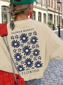 Camiseta Holgada de Mujer con Estampado de Girasoles y Letras, Manga Corta y Cuello Redondo, Casual y Moderna, Ideal para Primavera, Vacaciones y Salidas - Albaricoque - Ver 5