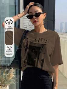 Loose-Fitting T-Shirt With Figure And Letter Graphic, Preppy Style - Whole Grain Coffee - View 1