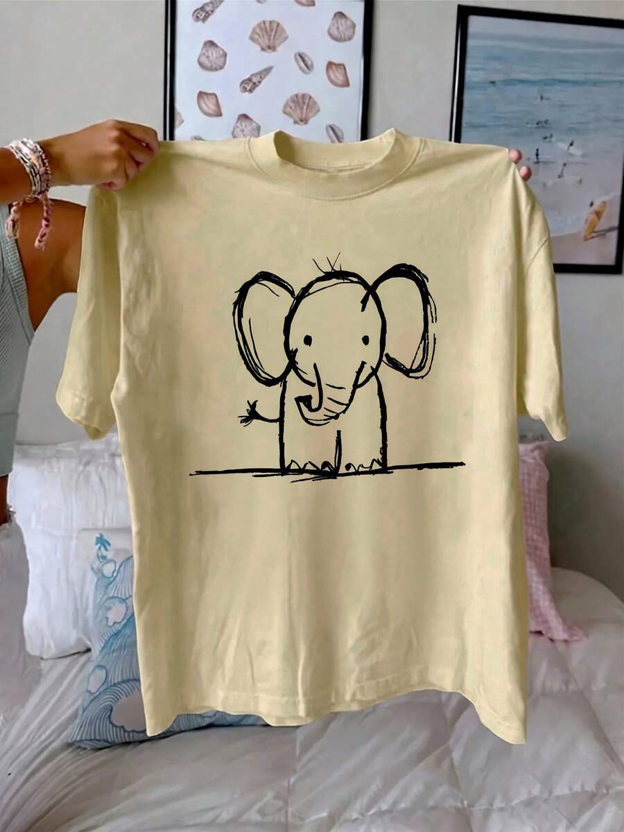 Women's Elephant Print T-Shirt, Casual Short-Sleeved Crew Neck T-Shirt, Suitable For Everyday Wear - Unisex Loose-Fitting Cotton Short-Sleeved Crew Neck T-Shirt, Urban Vintage Style, Blouses For Women. Casual Blouses For Ladies. - 杏色 - 查看 1